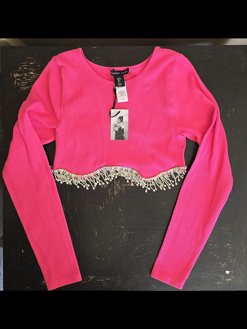 NWT Sincerely Jules Bright Pink Long Sleeve Beaded Crop Top Womens Sz Large - Picture 2 of 11